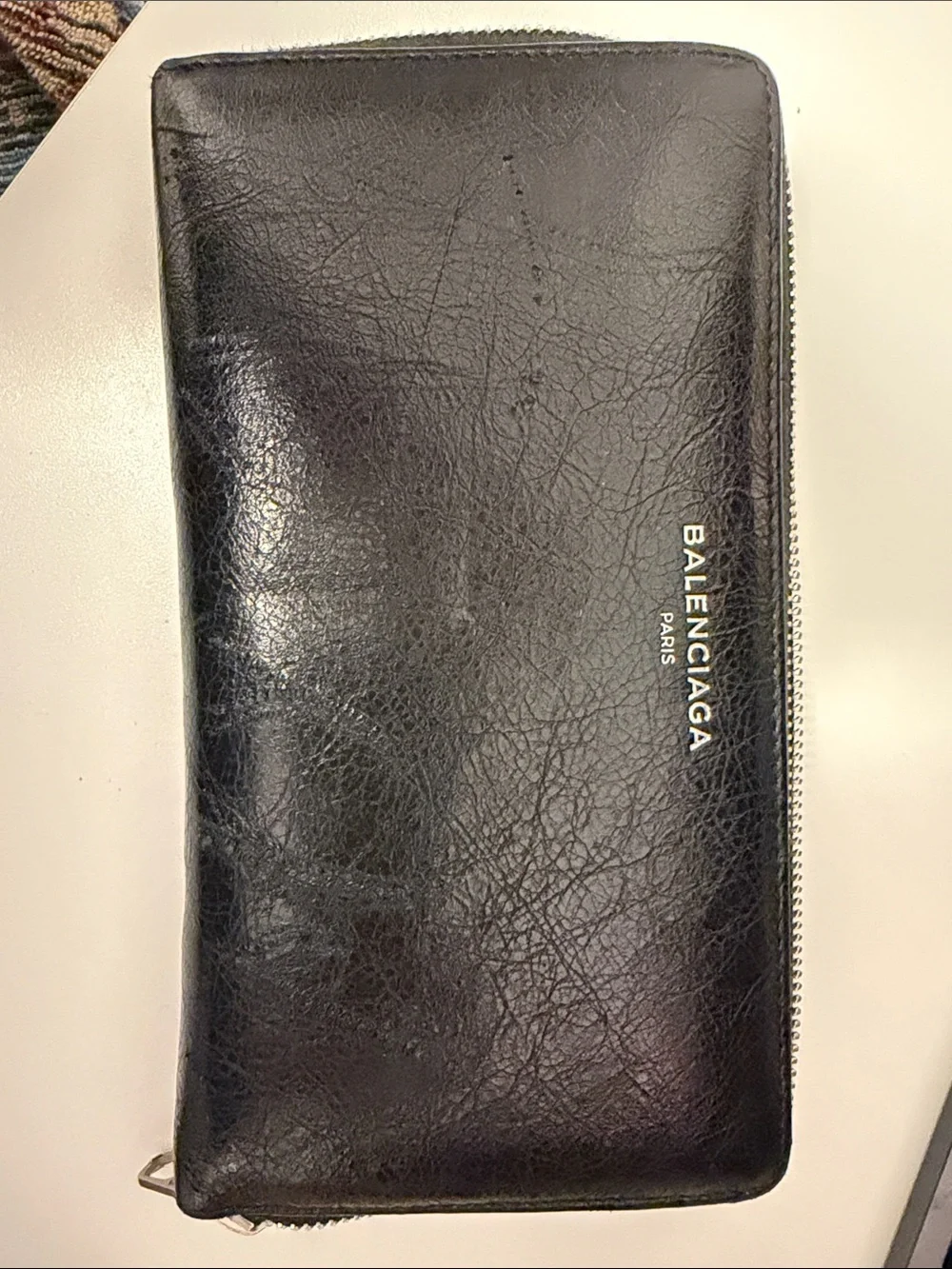 Balenciaga Black Leather Long Zip Wallet with Embossed Logo